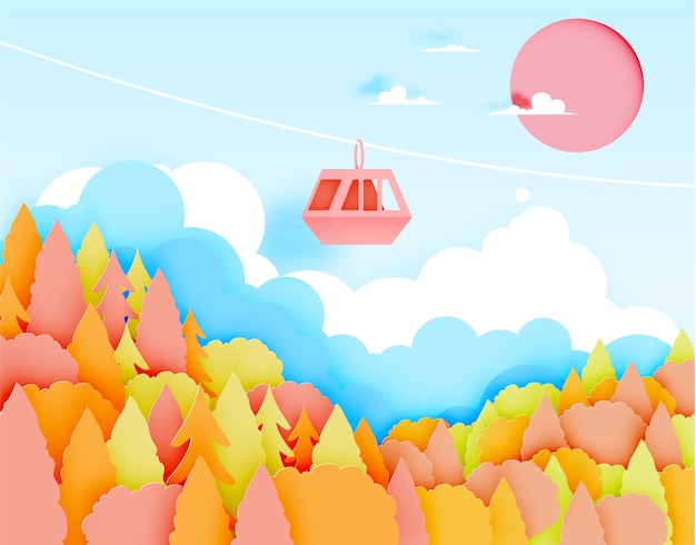 Cable car paper art style with beautiful landscape in autumn background vector illustratio