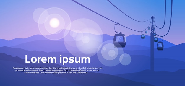 Vector cable car transportation rope way over mountain hill nature background banner with copy space
