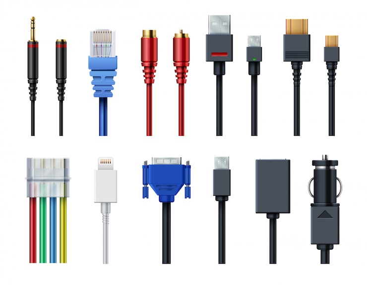 Vector cable wire computer video, audio, usb, hdmi, network and electric conectors and plugs vector set isolated
