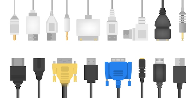 Vector cable wire set. collection of audio and video connector. computer technology.   illustration in  style