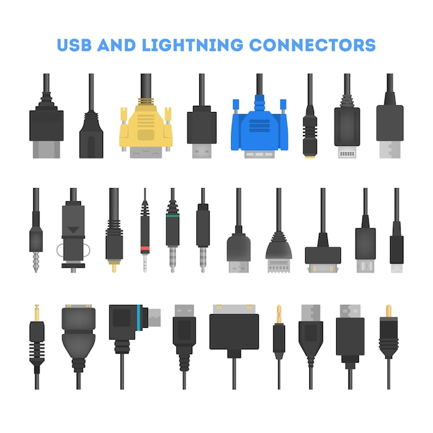 Vector cable wire set. collection of audio and video connector. computer technology. solated  illustration in  style