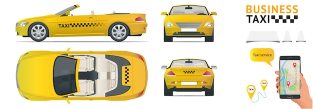 Cabrio Car taxi. Transfer, flat high quality city service transport icon set.Build your own world web infographic collection. Taxi branding mockup. View from side, front, back and top.