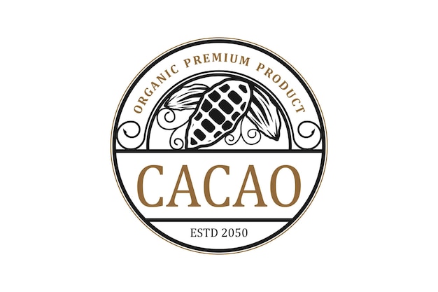 Cacao boerderij cacao logo ontwerp biologisch fruit met blad embleem badge stijl