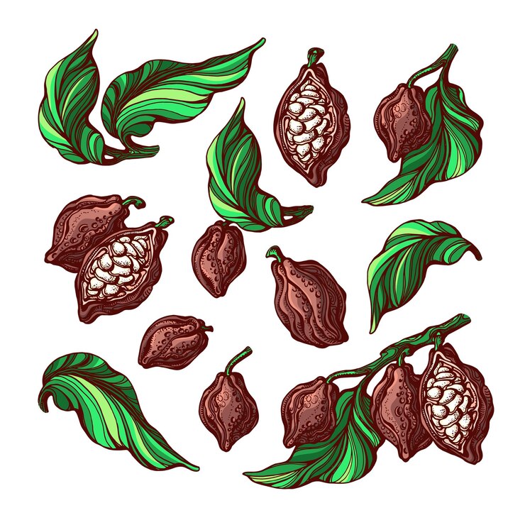 Vector cacao color set tropical fruit bean leaves hand drawn color sketch