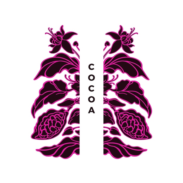 Vector cacao exotic symbol chocolate pod silhouette of bean leaves organic sweet food elegant label