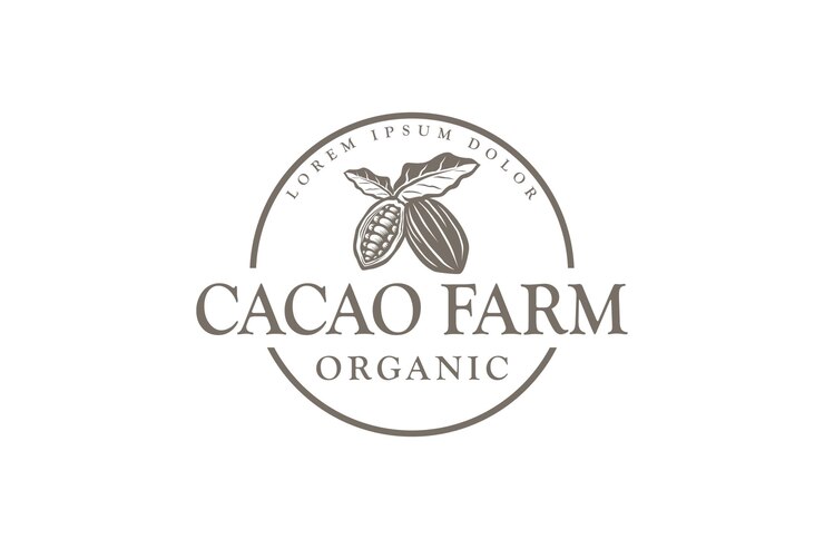 Vector cacao farm cocoa logo design organic fruit with leaf emblem badge style