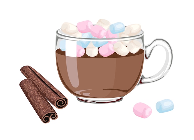Vector cacao met gekleurde marshmallows in transparante glazen beker