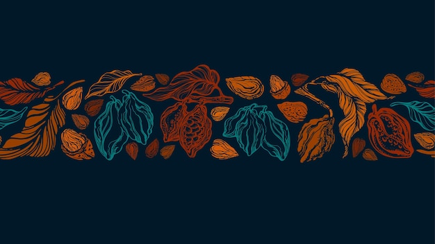 Vettore confine della pianta di cacao stampa senza cuciture vettoriale cioccolato scuro grafica disegnata a mano del frutto del cacao