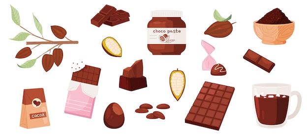 Cacao producten Choco pasta chocoladereep snoep en poeder in een kom Warme koffie met marshmallow Zoete smakelijke desserts cartoon knus vector set