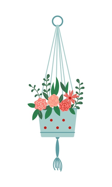 Vector cache pot with blooming flowers vector illustration green leaves flowers blossom flat style drawing