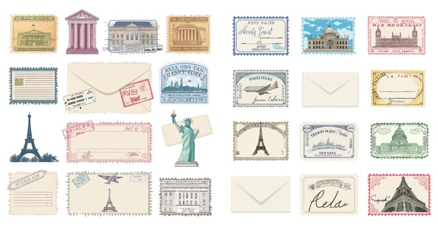 Cachets and postmarks with different landmarks illustrations