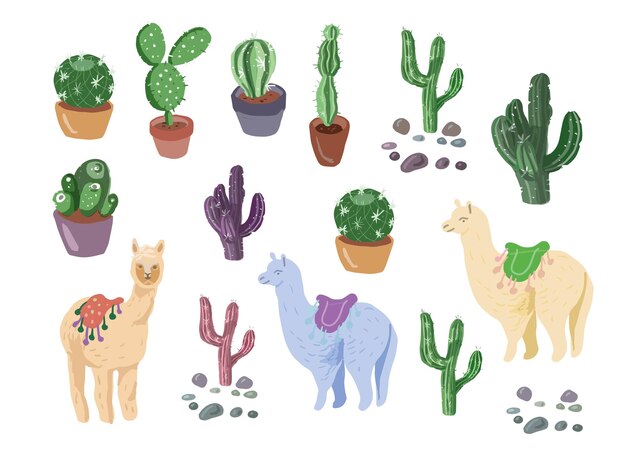 Vector cacti and alpaca cute collection in hand drawn