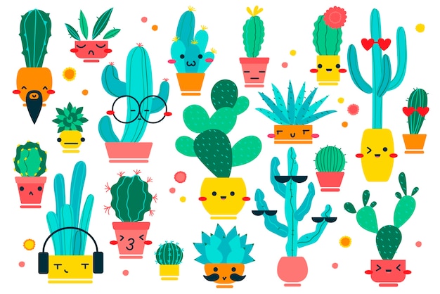 Cacti doodle set. Hand drawn doodle patterns of different shpae cactus botanical collection mascots character with happy faces on white background. Dessert and house plants illustration.