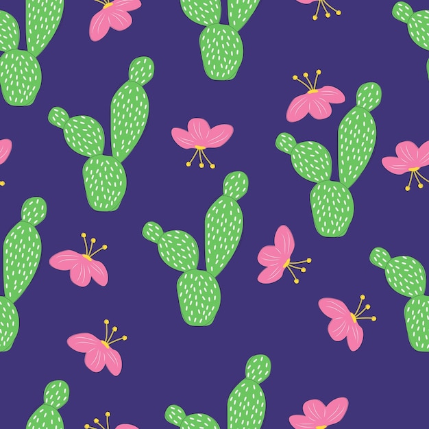 Cacti and flowers seamless vector pattern on a blue background bright pattern symmetry and flat style