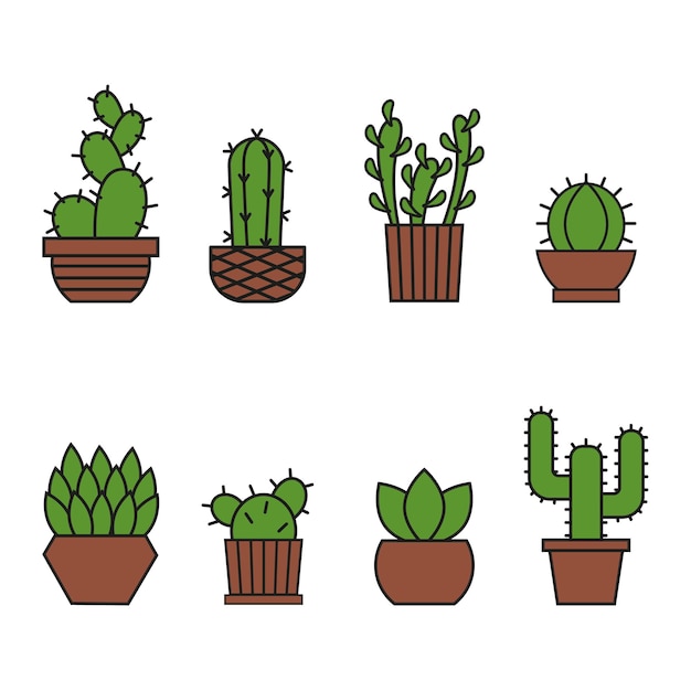 Vector cacti icons set vector collection of cacti in pots