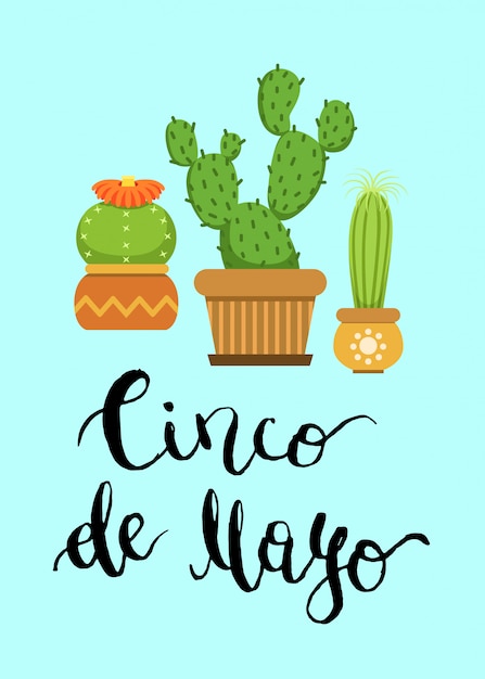 Vettore cactus in vaso in stile piatto e lettering cinco de mayo