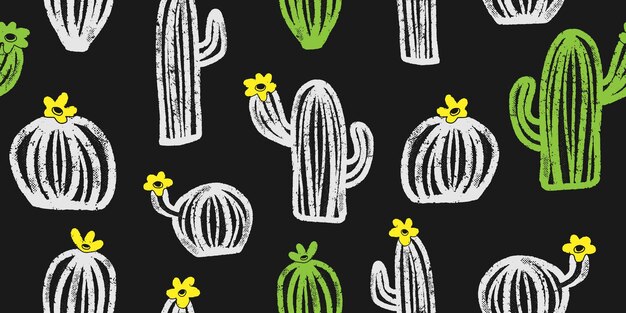 Cacti Texture Line Art. Vector seamless pattern.