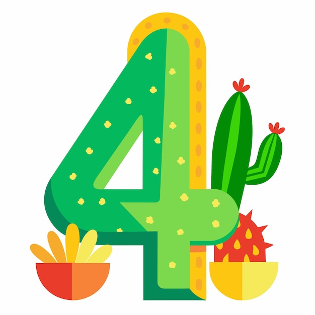 Vector cactus alphabet number letter 4 vector on isolated white background