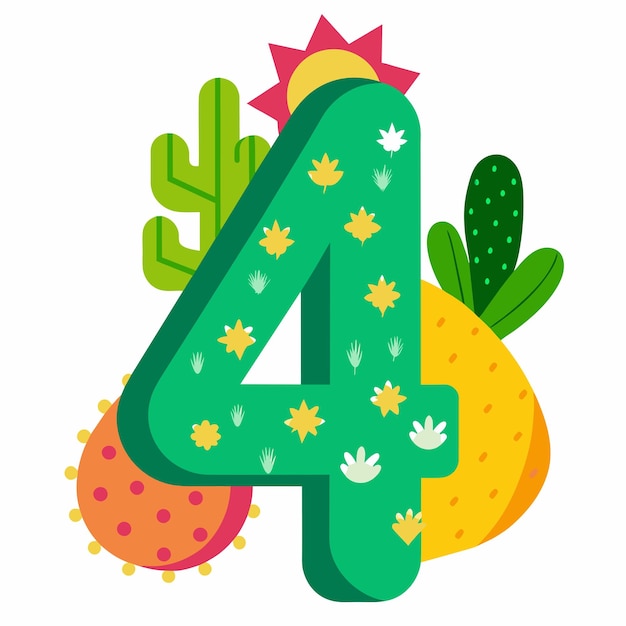 Cactus alphabet nummer letter 4 vector op geïsoleerde witte achtergrond