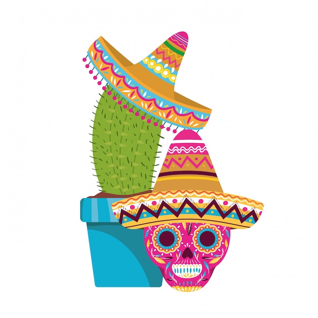 Кактус и череп с иконой мексиканской шляпы