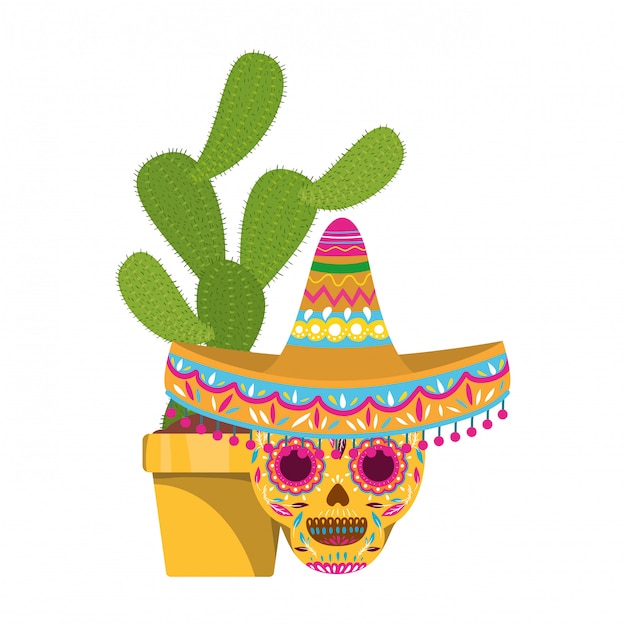 Кактус и череп с иконой мексиканской шляпы