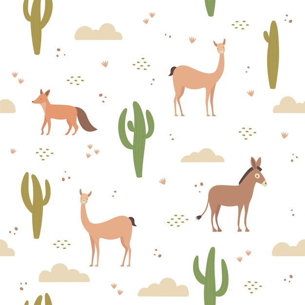 Cactus and animals seamless pattern