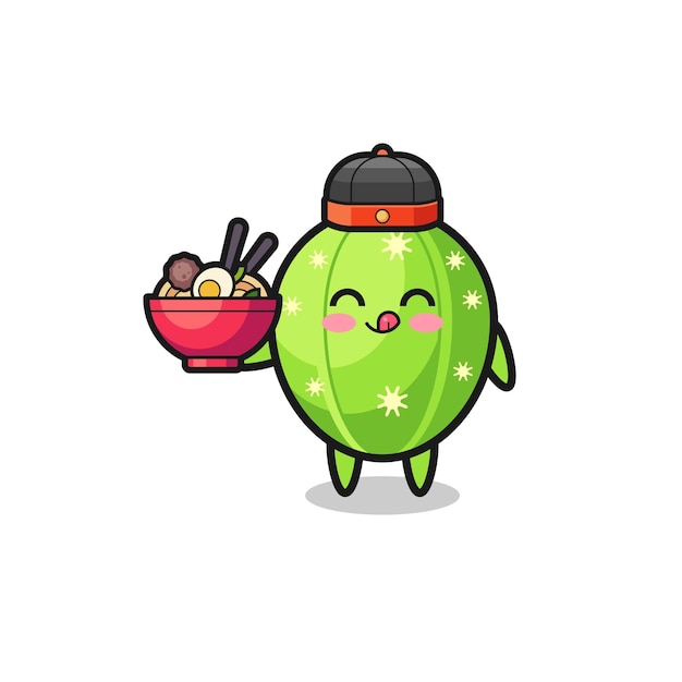 Cactus as Chinese chef mascot holding a noodle bowl