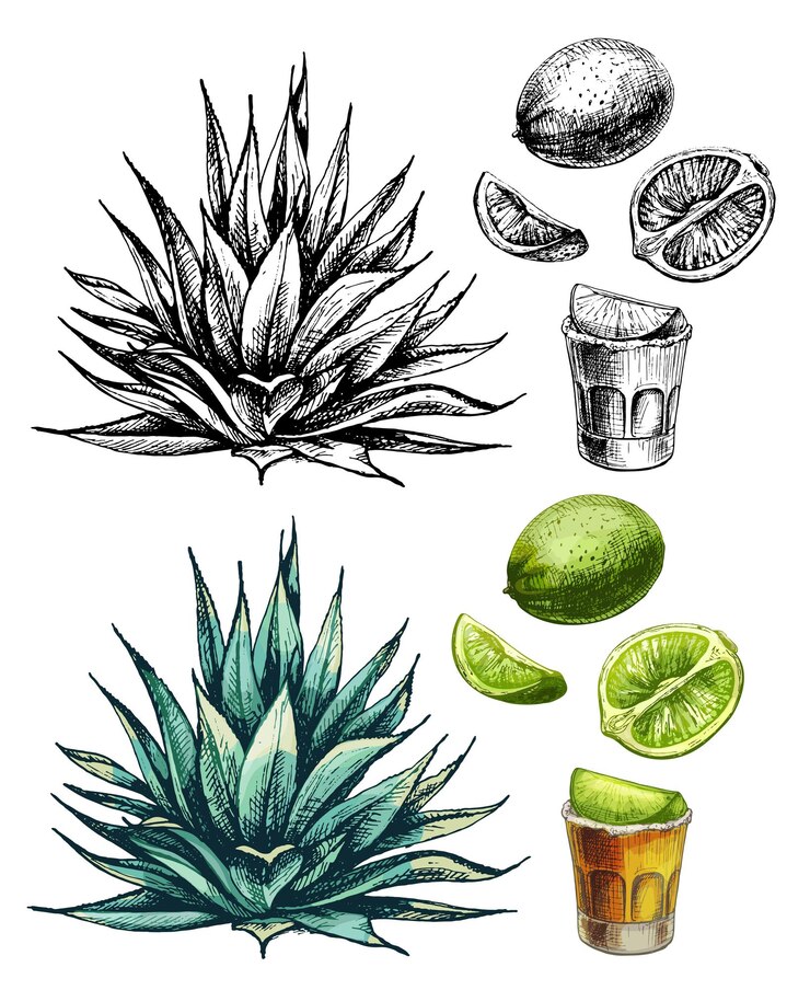 Vector cactus blauwe agave vector vintage hatching kleur illustratie geïsoleerd op wit