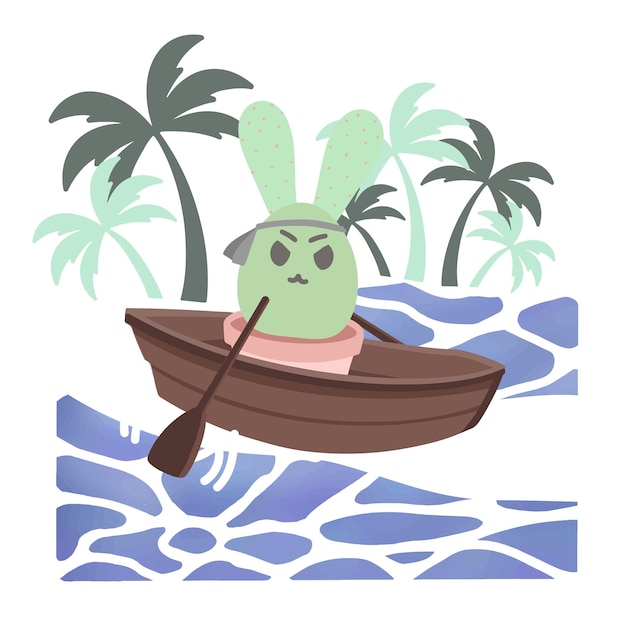 Vector cactus cartoon characters go on a summer vacation while enjoying a paddle boat ride.