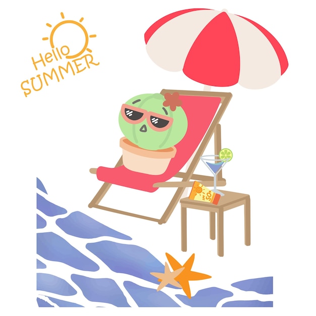 Cactus characters go on a summer vacation while enjoying sunbathing and drinking.