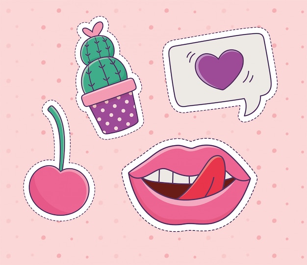 Cactus cherry lips love patch mode badge sticker decoratie icoon