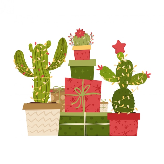 Vector cactus christmas tree and gifts.