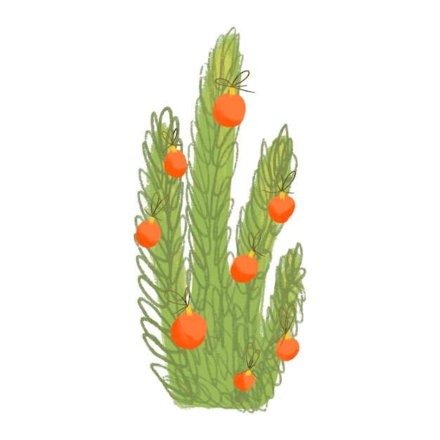 Cactus decorated with Christmas decor Hand drawn illustration in doodle style with colored pencils