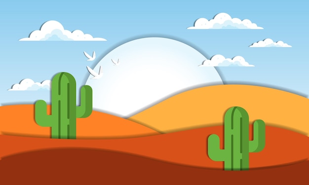 Vector cactus in the desert landscape with paper art style vector illustration