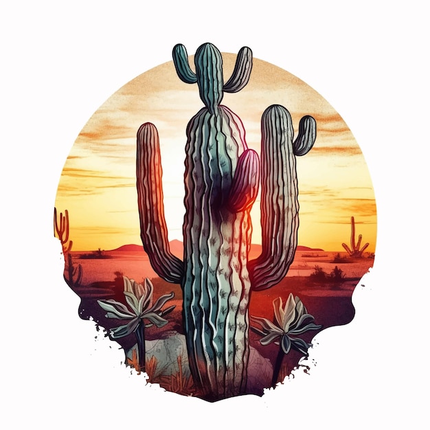 Vector cactus embracing with sunset watercolor paint