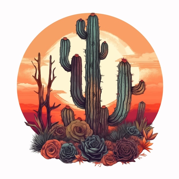 Vector cactus embracing with sunset watercolor paint