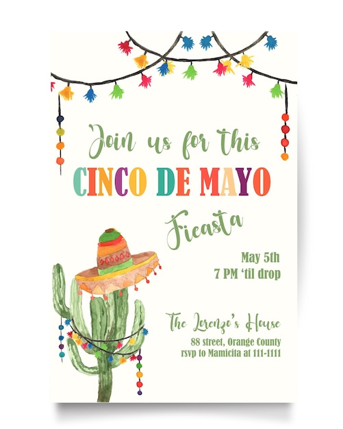 Vector cactus en kwastje cinco de mayo fiesta feestuitnodiging aquarel banner