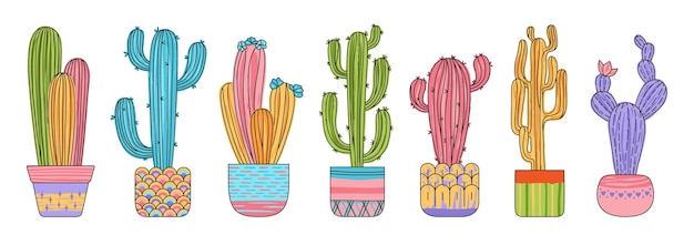 Cactus in flowerpot grungy cartoon set Hand drawn exotic trendy textured desert succulent vector