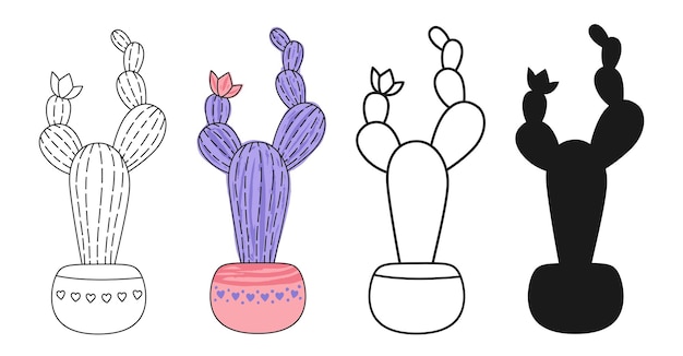 Cactus flowerpot linear cartoon set piante domestiche succulente deserto messicano doodle cactus in vaso vettore