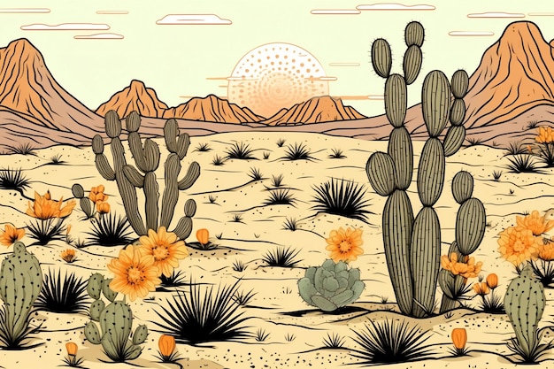 Cactus Flowers Desert Hand Drawn Pattern