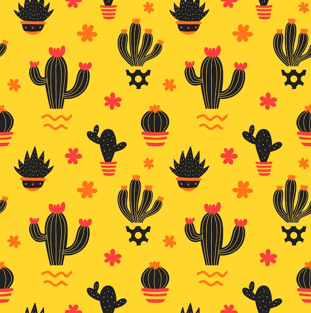 Modello senza cuciture di bellezza di stile del disegno della mano del cactus. modello senza cuciture di colore dell'illustrazione nel giallo. cactus, succulento in una pentola