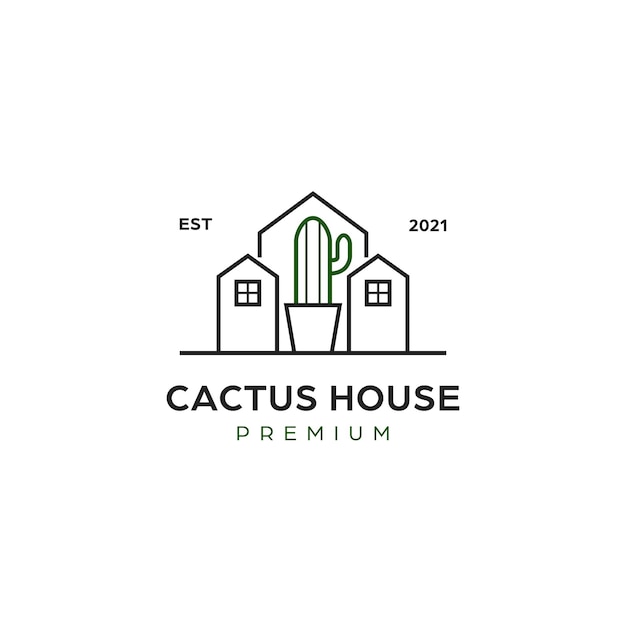 Logo della casa del cactus, logo dell'icona della linea minimalista di affari di fiorista piantagione di cactus