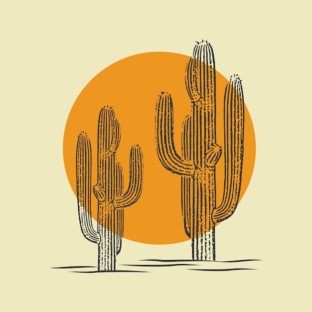 Cactus illustratie wilde westen woestijn vintage ontwerp Cactussen plant met zon logo vector lijntekeningen