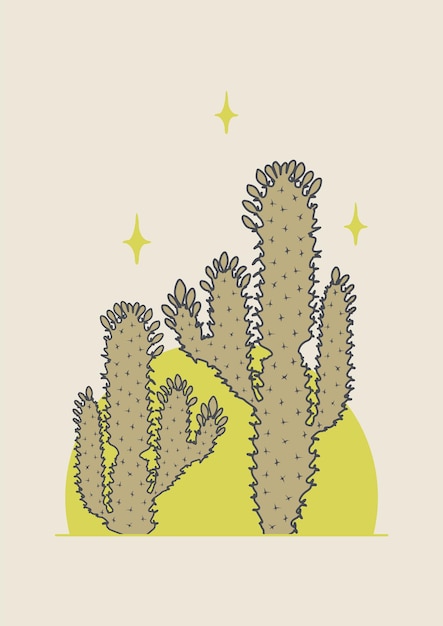 Иллюстрация кактуса дикий запад пустыня винтажный дизайн Сахуаро растение с полной луной векторной линии искусства минималистского искусства печать винтажного дизайна тега
