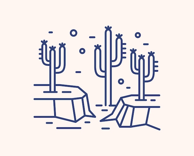 Cactus in droge woestijnlandschap schets illustratie. blauw lineair wild mexicaans landschap dat op wit wordt geïsoleerd