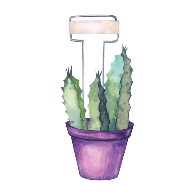 Cactus in een pot met een teken voor het geïsoleerde object van de inscriptiewaterverfillustratie