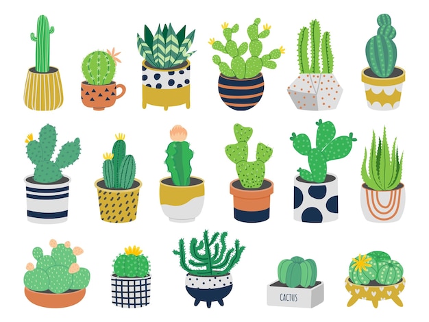 Cactus in potten leuke cartoon exotische vetplanten in bloempotten decoratieve woestijnplant vector geïsoleerde set