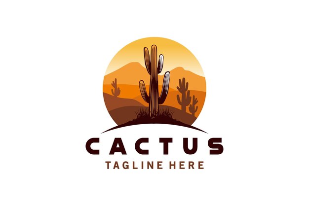 Cactus logo design with desert mountain background