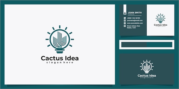 Cactus-logo gecombineerd met gloeilamp Logo-pictogram en visitekaartjeontwerp