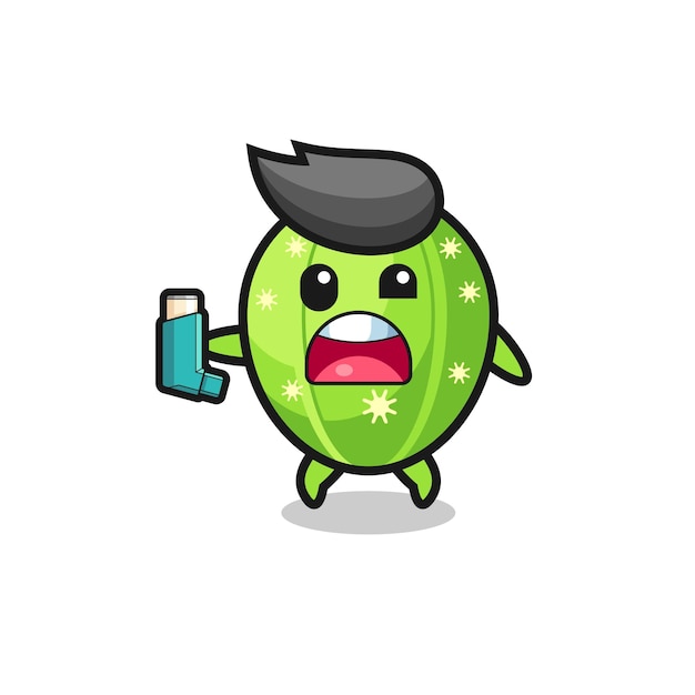 Cactus mascot having asthma while holding the inhaler cute design